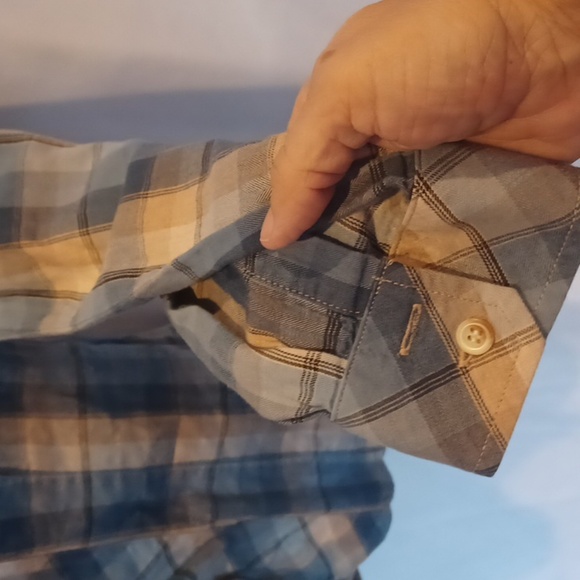 Pendleton ruffle shirt blue/tan plaid button down, cotton, fitted - Picture 3 of 7